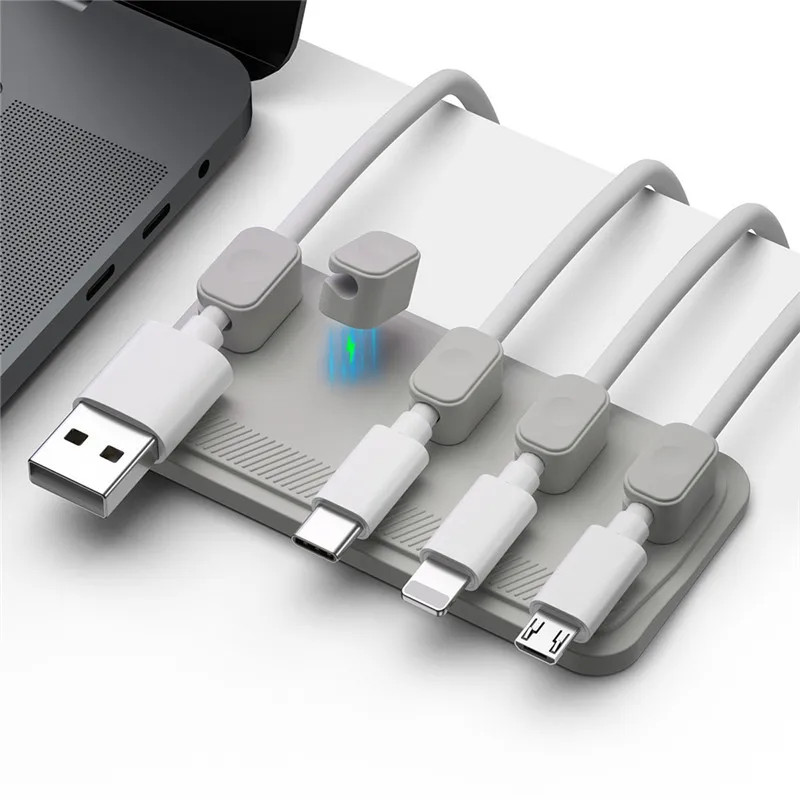Magnet Cable Winder Row Plug Adhesive Silicone USB Cables Fixer Organizer Solid Color Cable Holder Line Charger for Desk Office