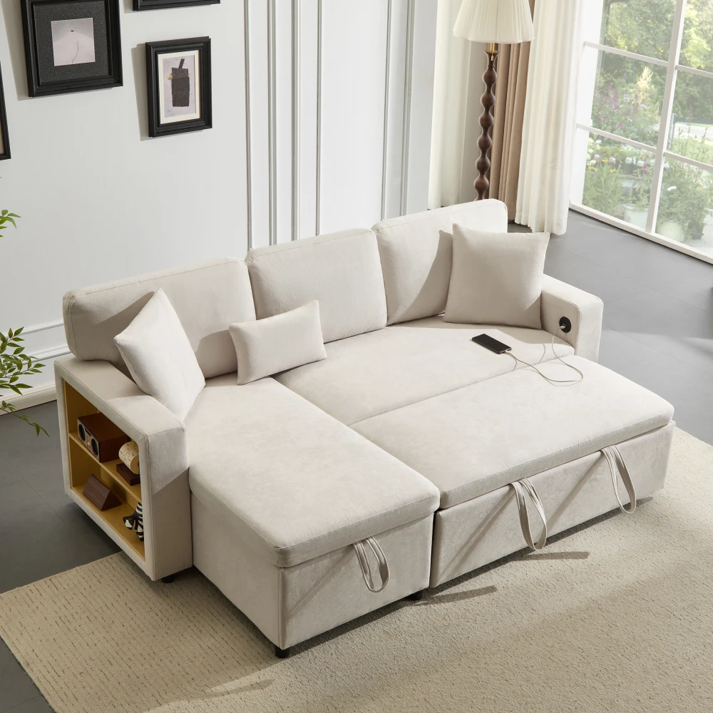 Multifunktionales L-förmiges, umwandelbares Eckschlafsofa – gepolsterte Couch mit Stauraum unter dem Bett und integrierten Seitenregalen, Gästebett – Detail 3