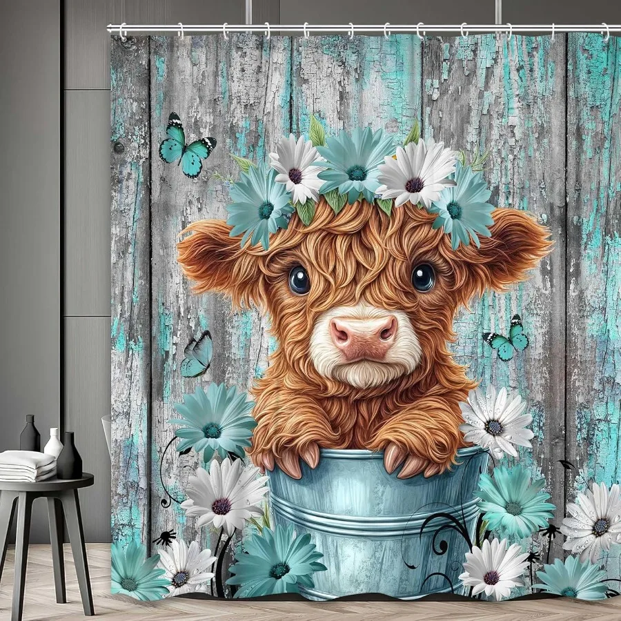 Highland Cow Shower Curtain Teal Farm Decor