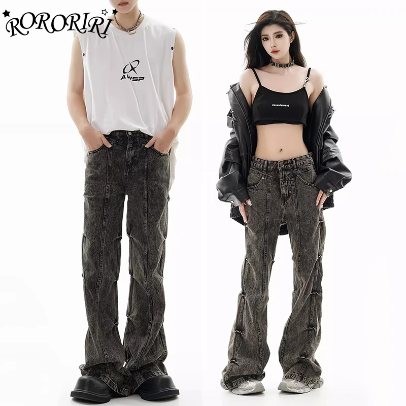 

RORORIRI Overdyed Line Women Flare Jeans Distressed Low Rise Stacked Bootcut Pants Wide Leg Casual Trousers Retro Y2k Streetwear