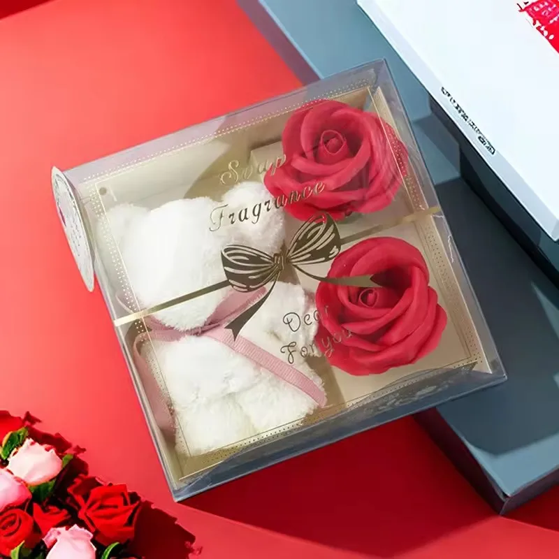 1Box Bear Shaped Towel with Soap Rose Flowers Valentine's Day Mothers Day Wedding Gift Birthday Party Guests Gift Baby Shower