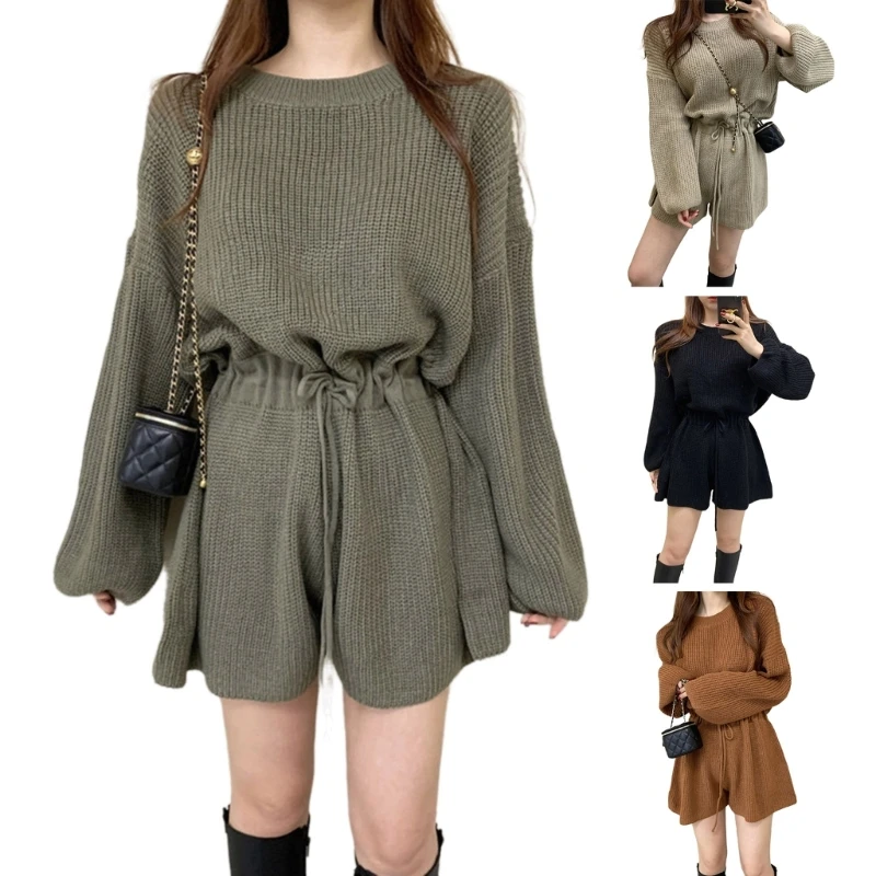 

Fashionable Women's Knitted Jumpsuit Tie Waist Knit Long Sleeve Versatile Shorts