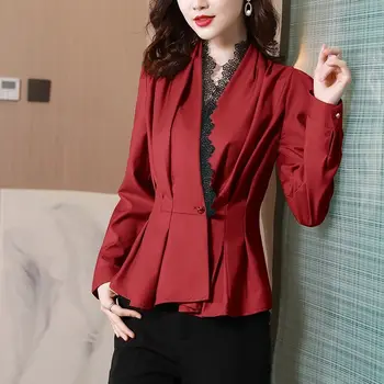 우아한 V넥 프릴 폴드 레이스 셔츠, 오버사이즈 캐주얼 상의, 오피스 레이디 블라우스, 여성복, 2023 가을 겨울 신상
