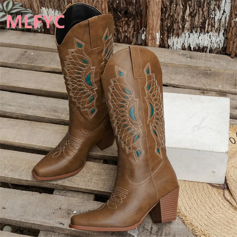 Western Cowboy Boots Embroidered Retro Long Boots Women's 2023 New Women's Thick Heel Mid Sleeve V-Neck Knight Boots