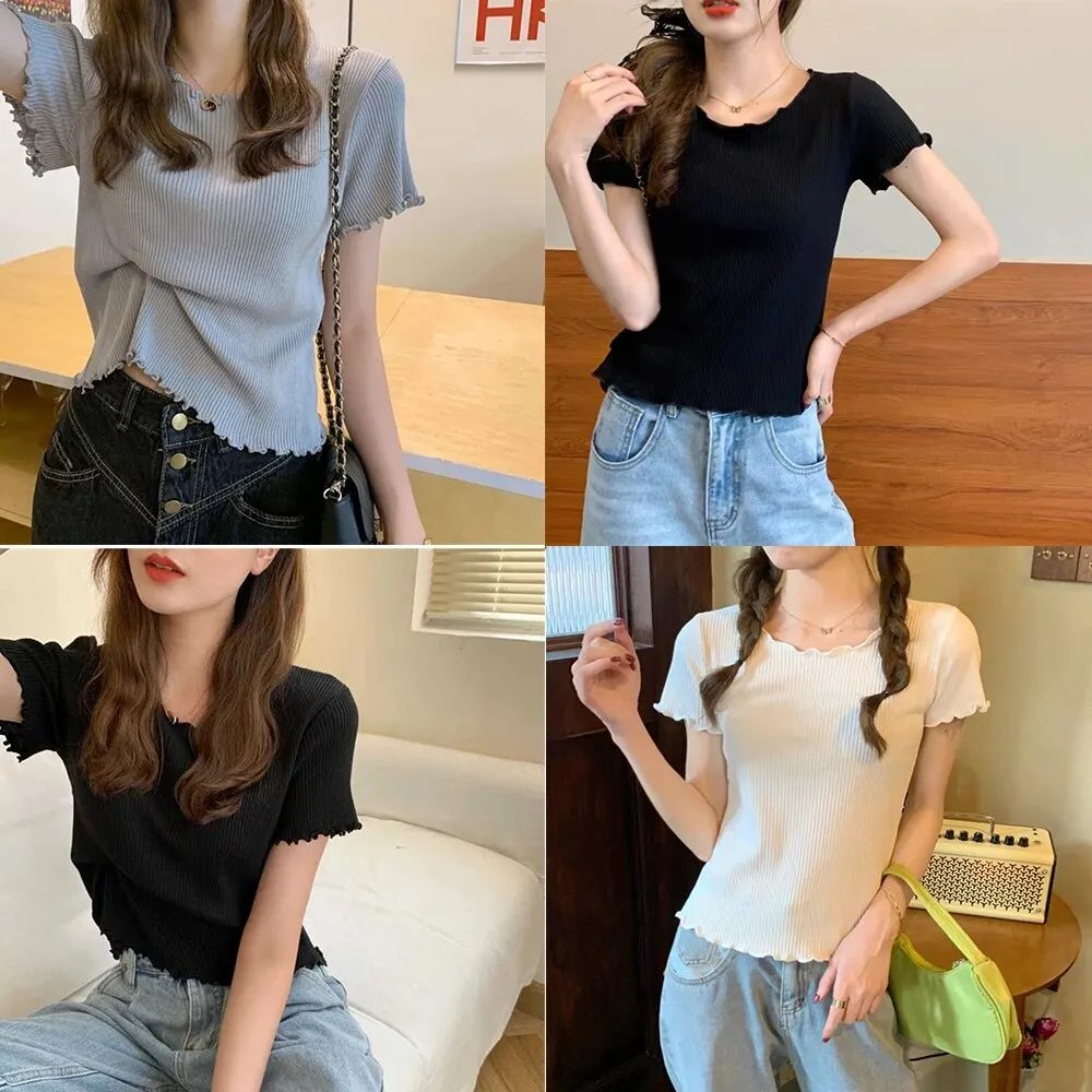 EMOTTOS Dubbel gevoerd getailleerd T-shirt - Dames Basic lange mouwen crop top, slim fit ronde hals lange mouwen, modieus skinny Y2K T-shirt, Champagne, S