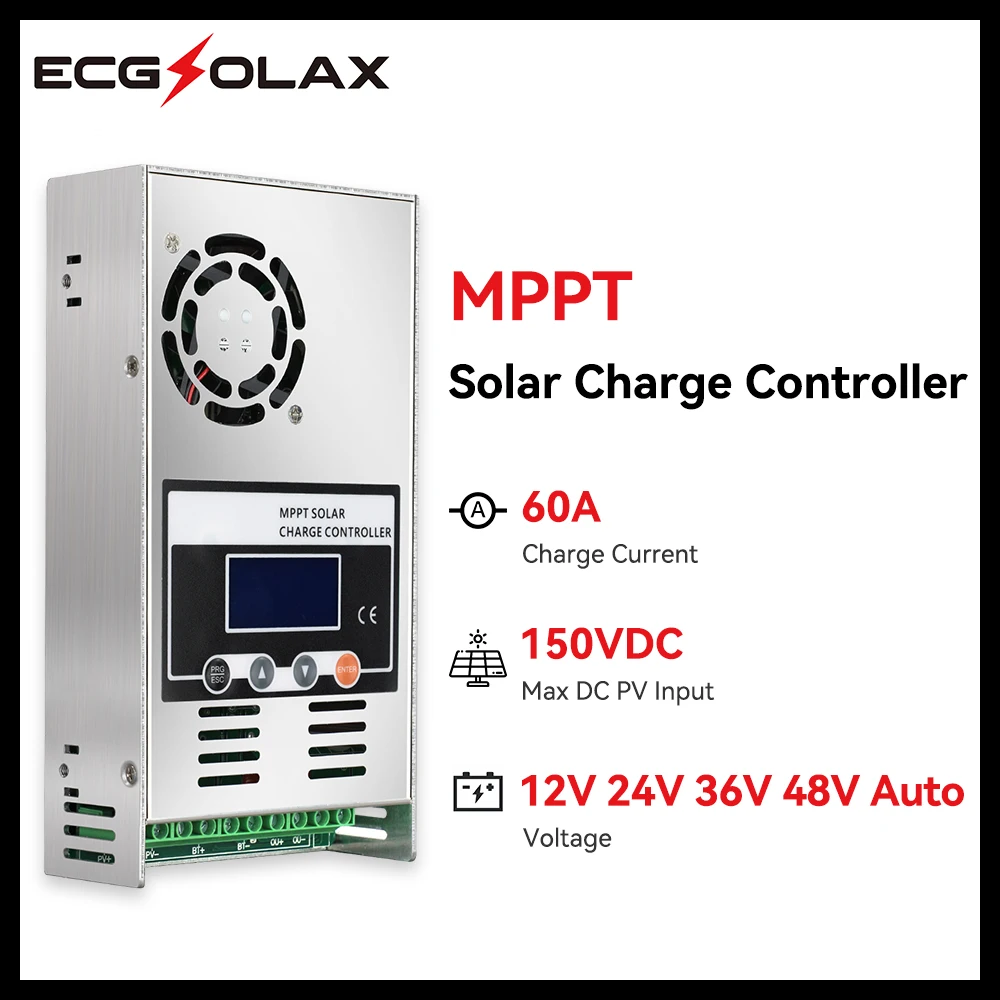 Контроллер заряда солнечной батареи ECGSOLAX 60A MPPT 12 В 24 в 36 в 48 в, автоматический регулятор солнечной панели, макс. PV 150 в постоянного тока для свинцово-кислотной литиевой батареи