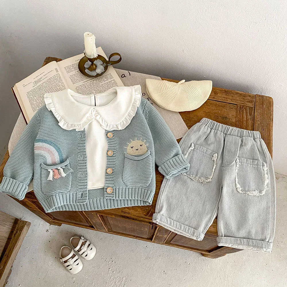 Autumn Baby Clothes 0-3Y Cartoon Rainbow Sun Girls Jacquard Sweaters Boys Knitted Cotton Cardigan Coat Toddler Tops