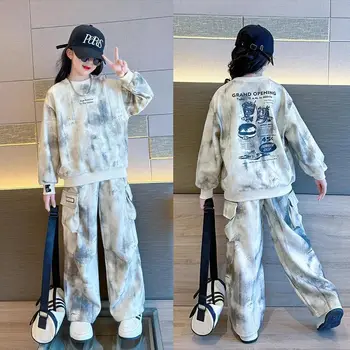 2026 autumn spring girls Boys Tracksuit letter sweatshirt hooded + loose Cargo Pants Clothes children Set 4 6 8 10 12 14 Year 1