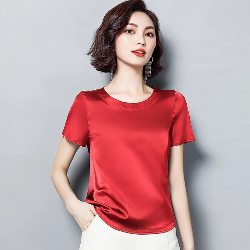 red satin blouse short sleeve