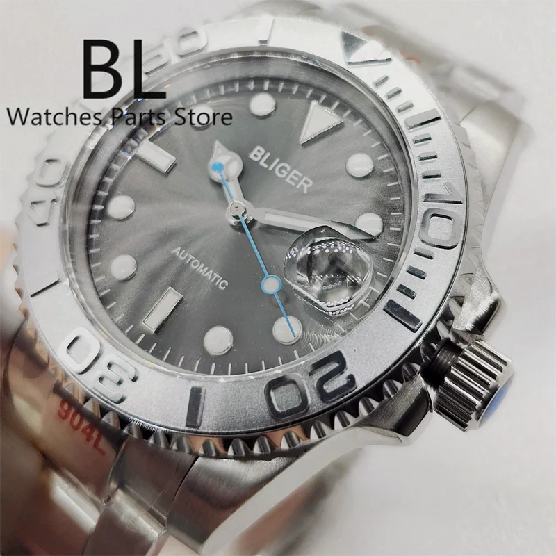 

BLIGER 40mm NH35 Watch For Men Silver Insert Sunburst Gray Dial Blue Second Hand Sapphire Glass Oyster Bracelet Waterproof Date