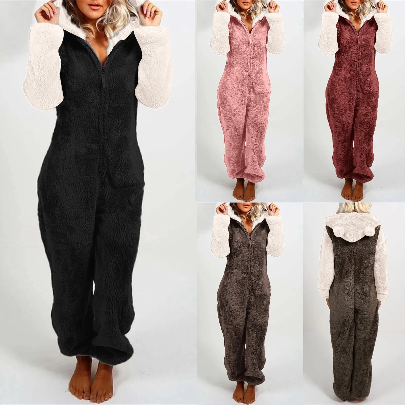 

2023 Women Overall Homewear Warm Fleece Hooded High Waist Autumn Winter Solid Color Jumpsuit Pants Jumpsuits Pajama Overalls
