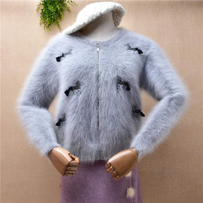 

Ladies Women Fall Winter Grey Horse Hairy Mink Cashmere Knitted Short Style Slim Cardigan Angora Fur Jacket Coat Sweater Pull