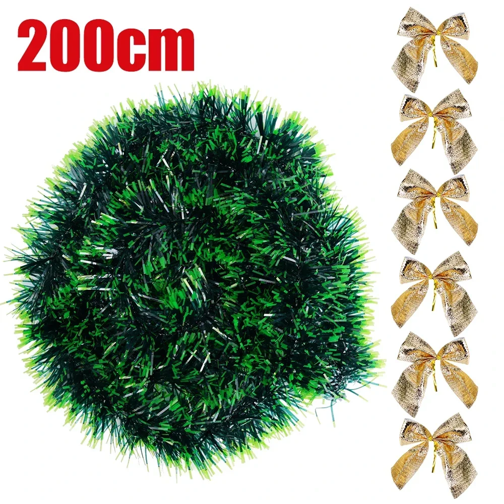 thumbnail image 1 of Guirnalda de cintas, serpentinas de caña de oropel, serpentinas de pino con lazos, guirnalda navideña verde escarchada, guirnalda colgante para árbol de Navidad, decoraciones para fiestas, 1 of 5