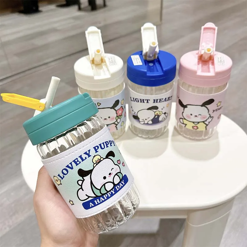 Sanrio Glass Straw Cup Pochacco Cartoon Holaced Glass Girl Heart Anti-Scottatura Sippy Cup Student Office Water Glass Regalo Di Compleanno