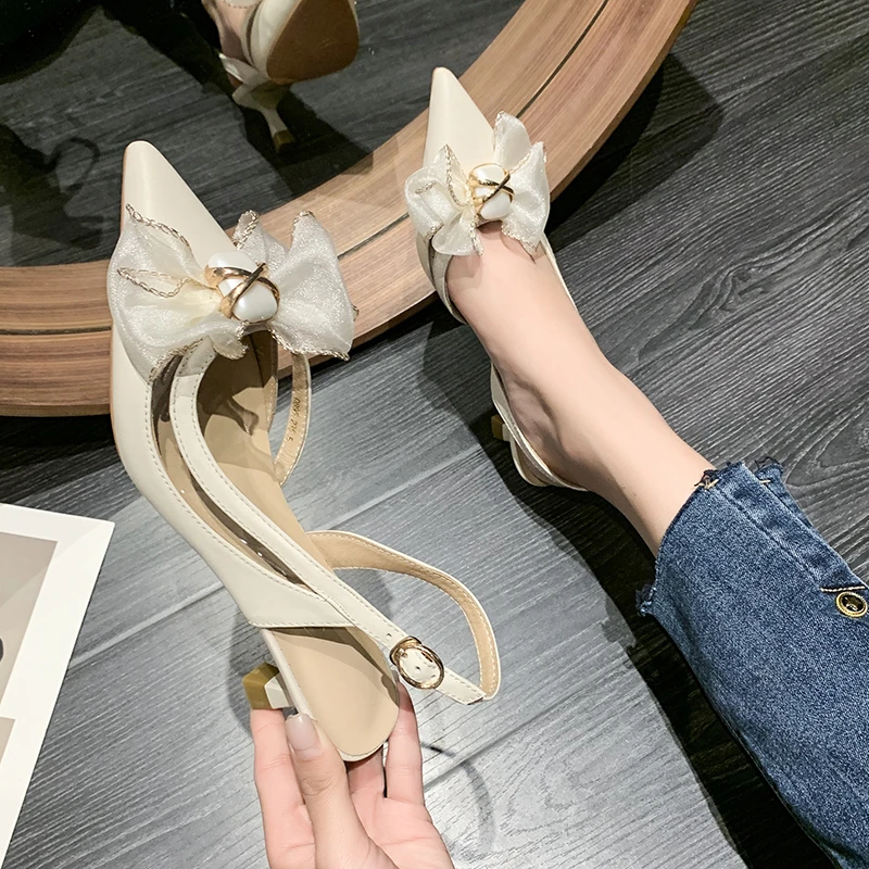 

Женские туфли 2024, женские туфли на высоком каблуке с ремешком на пятке, элегантные строгие туфли-лодочки, женская обувь на тонком каблуке с острым носком и бантом