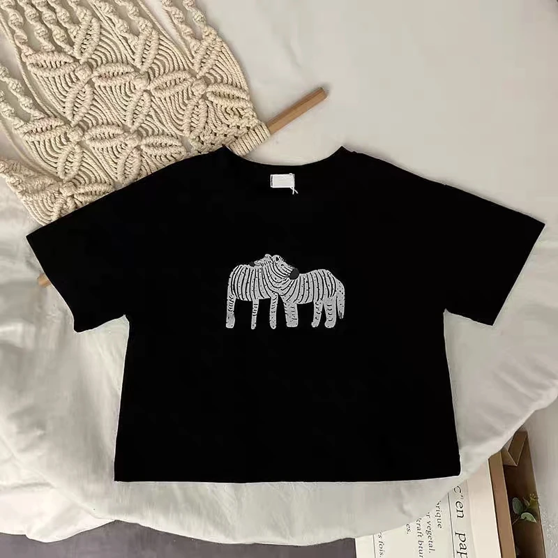 1-6 Age Children's Clothes Solid Color Printed Animal Kids Tees Tops Short-sleeved Summer Clothing Loose Fashion Girls T Shirts 5
