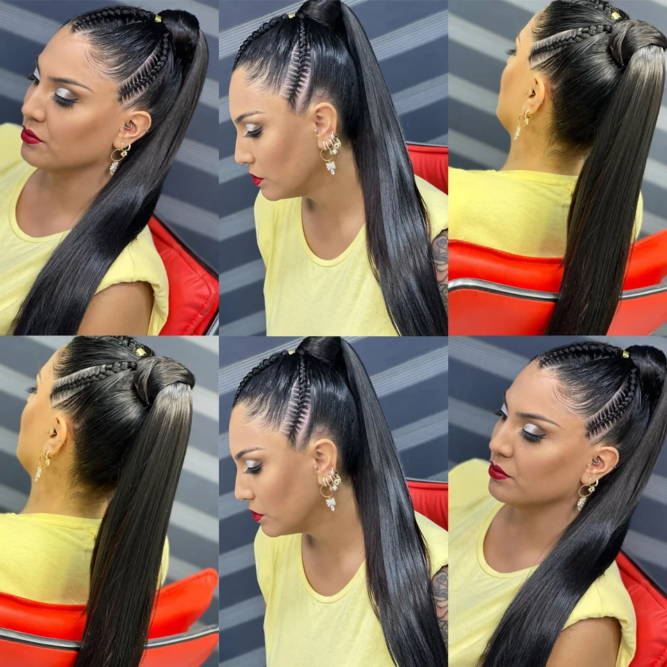 Ponytail Human Hair Wrap Around Bone Straight Peruvian Remy Hair Extensions 16-24 Inches Clip Ins Natural Color Hairpiece