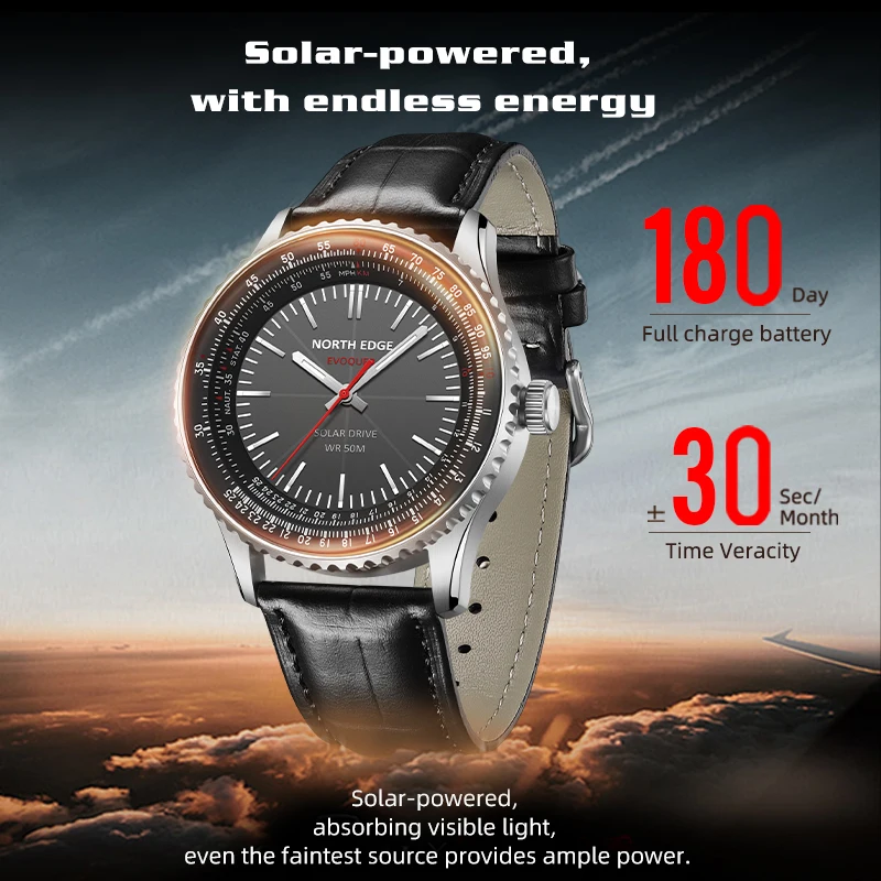 North Edge Evoque 3 Pilot Series Watch For Men Aviation Military Solar Powered Watch Leather Strap Luminous Stainless Steel Case, Alina Gadgets