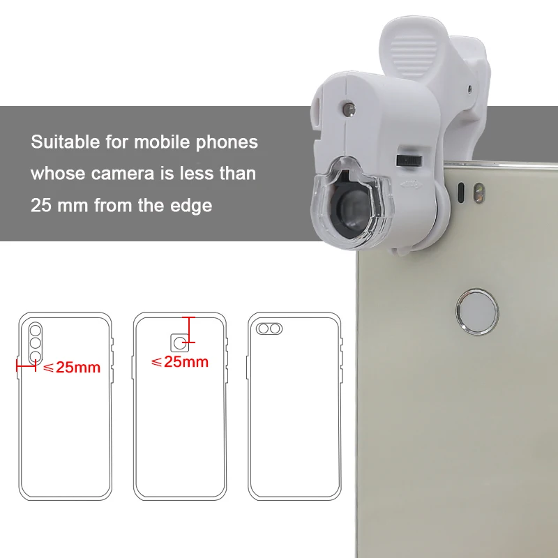 Universal Clip Microscope 60X LED Jewelry Magnifying Glass Focusing Adjusted Pocket Microscope with Cell Phone Clip UV Light 3