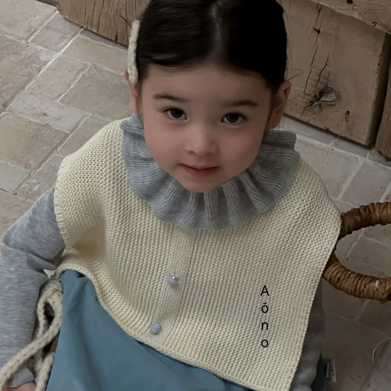 가을 봄 아동 단색 버튼 조끼 여자 니트 조끼 빈티지 한국 스타일  민소매 스웨터 가디건