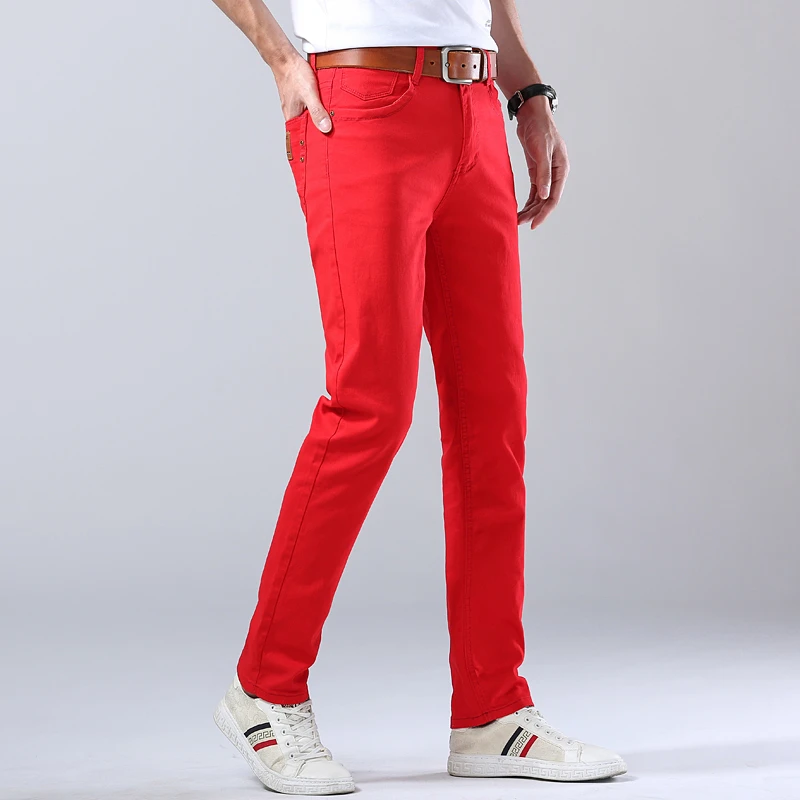 Fashion Straight Stretch Denim Pants Solid New Men's Slim Jeans Solid Yellow Red Green Blue Business Casual Classic Trousers 4