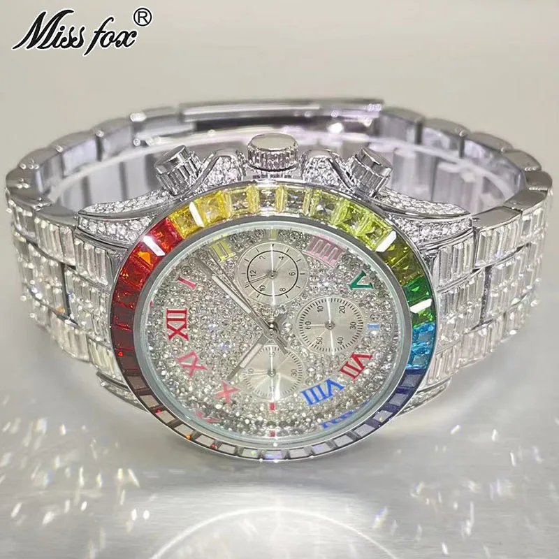 MISSFOX Luxury Iced Watch For Men Fashion Brand Waterproof Quartz Clocks Rainbow Rectangle Diamond Wristwatch Gift Free Shipping