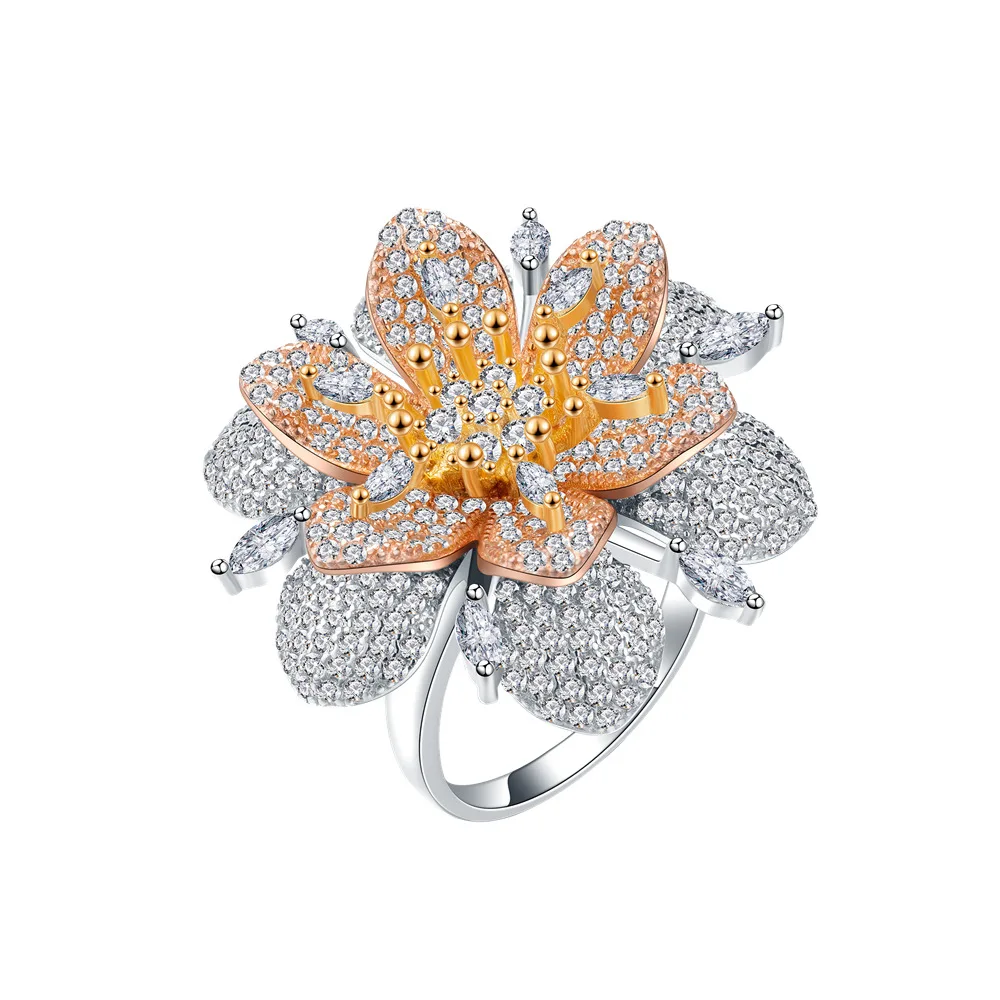 

Zhen Cheng Da Wei Set Zircon Large Flower Ring, European and American Exaggerated Personality, Noble Style