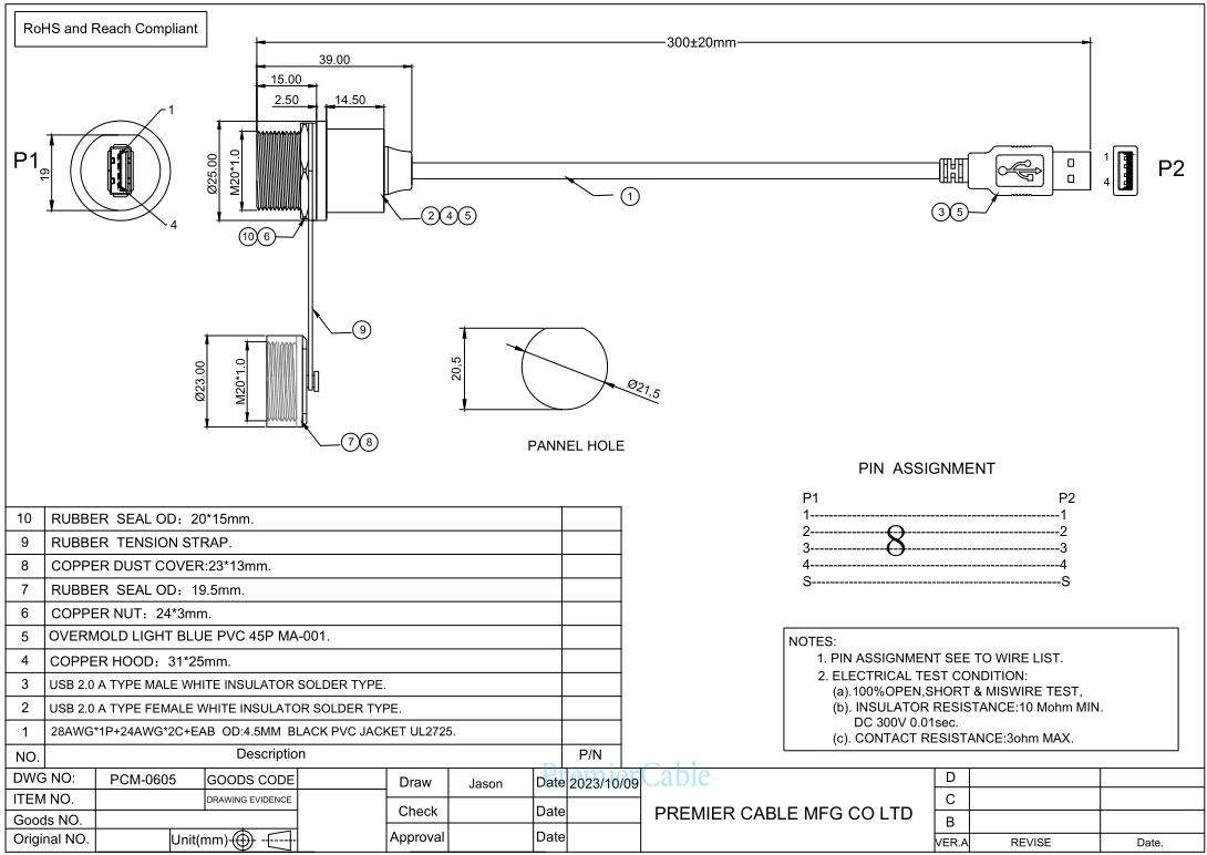 Wasserdichtes USB 2.0-Kabel, IP67 Panelmontage Metall-A-Buchse auf Standard-A-Stecker Datenübertragungskabel mit Kappe – Detail 1