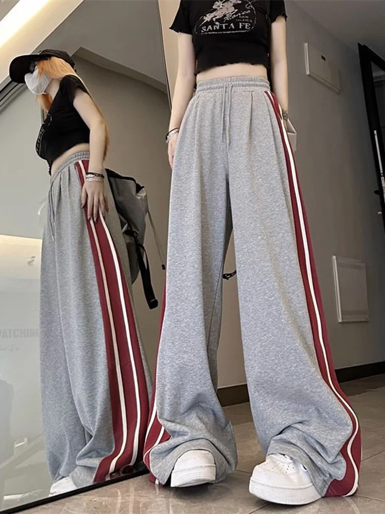 Zoki Vintage Women Striped Sweatpants High Waist Loose Streetwear Trousers American Retro Lace Up Patchwork Bf Wide Leg Pant