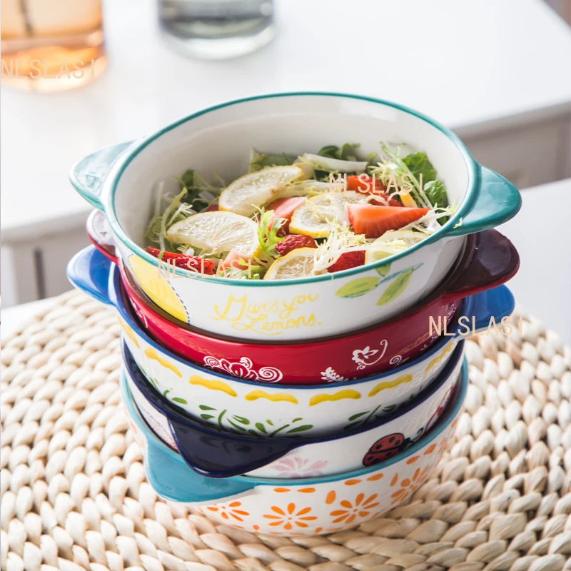 1pcs Creative Large Ceramic Bowl, Household Bowl, Japanese Tableware Set, Cute Animal Pattern, Underglaze Color Fruit Bowls