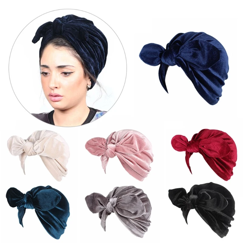 

95AB Womens Rabbit Ears Bowknot Turban Hat Pleated Knotted Headband Beanie Wrap Hijab Solid Color Hijab Headscarf