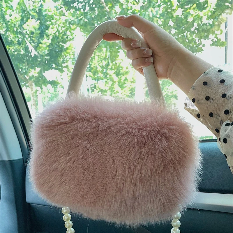 Fox Fur Large Capacity Handbag Women's Luxury Party Handbag Pearl Chain Design Oblique Span Shoulder Fur Bag