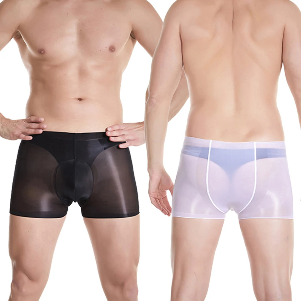 

Mens sexy Transparent Glossy Boxer Shorts Underwear Oil Shiny See through Underpants Ultra-Thin Low Rise Male Swimming Shorts