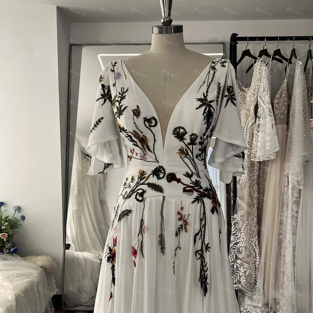 Mryarce Schwarze Brautkleider mit abnehmbaren Ärmeln, Blumenstickerei, Spitzenstruktur, Chiffon-Brautkleider – Detail 14