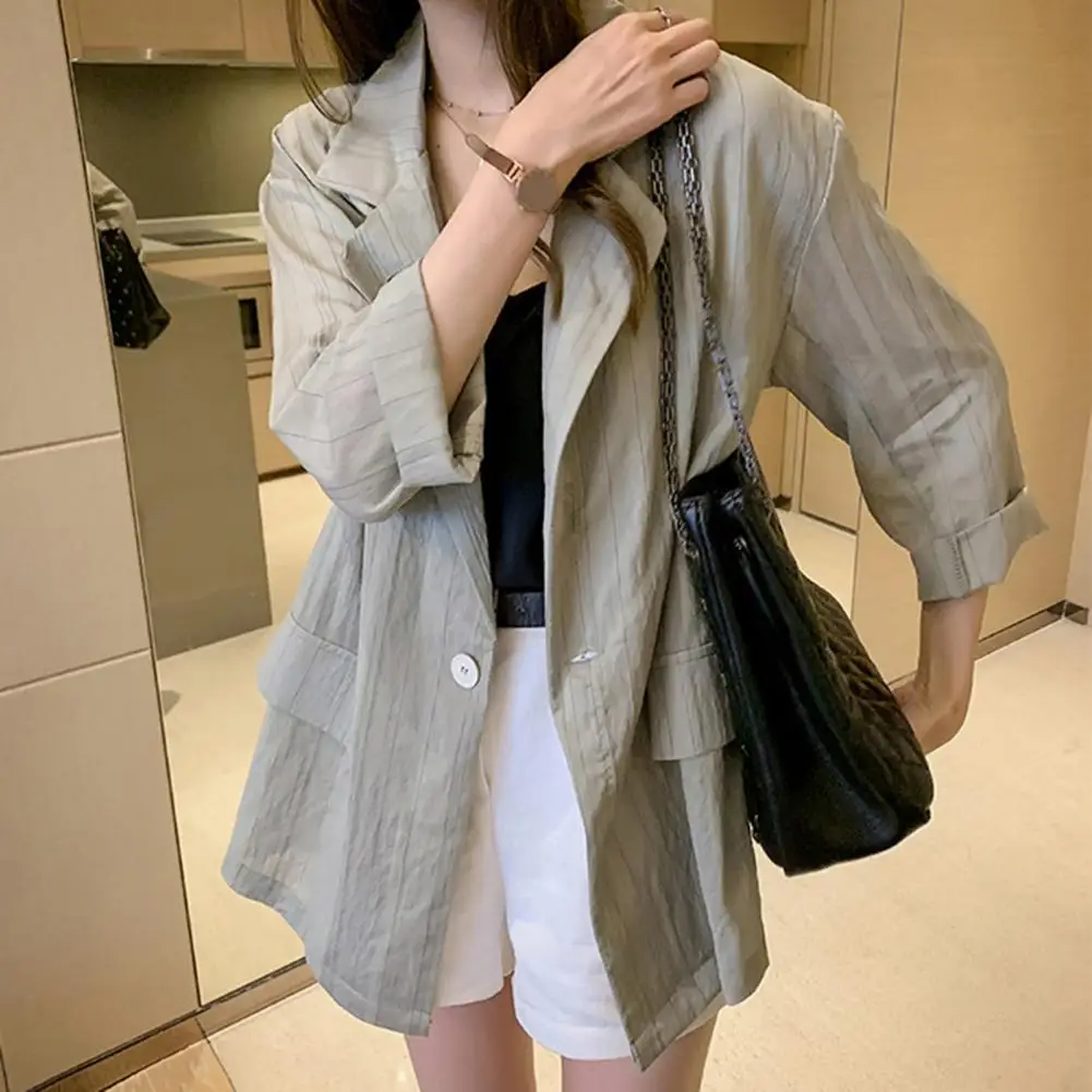 

Striped Suit Coat Striped Print Lapel Chic Women's Long Sleeve Suit Coat with Flap Pockets Single Button Closure Loose Fit