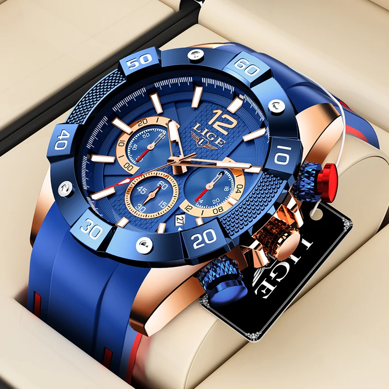 LIGE Cronografo Uomo Impermeabile 30M, Orologio Analogico Al Quarzo, Quadrante Blu, Cinturino In Rete D'Acciaio, Regolabile, 44 Mm - 2