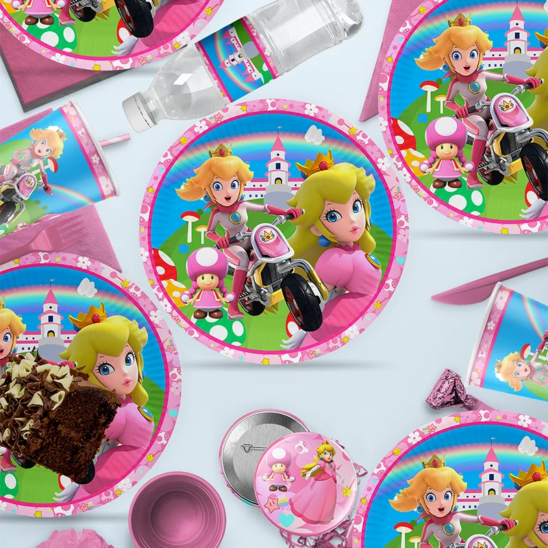 

Super Mario Bros-Princess birthday party Disposable Tableware balloons water bottle stickers cake decoration baby bath supplies