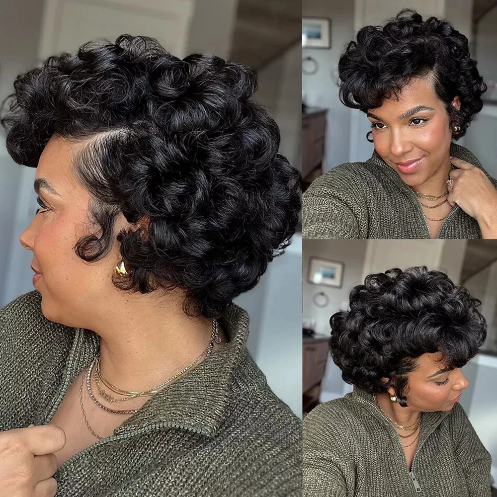 13x4 Short Pixie Cut Bob Wave 100% Human Hair Wigs Lace Frontal Human Hair Wigs 180% Density Natural Color for Black Women Girls