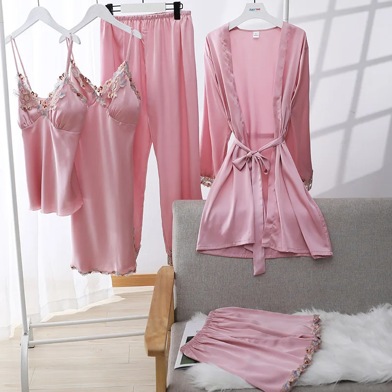 2024 New Top End Sexy Women's Summer Ice Thin Suspender Spring and Autumn Lace Edge Pajamas Five Piece Home Set Pajama Set