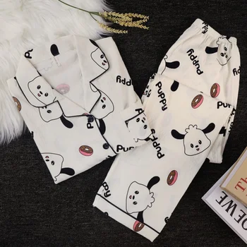 جديد 2025 ربيع الخريف منامة مجموعة المرأة لطيف الكلب طباعة طويلة الأكمام ملابس خاصة المتسكعون ملابس المنزل مريحة الزي غير الرسمي ​