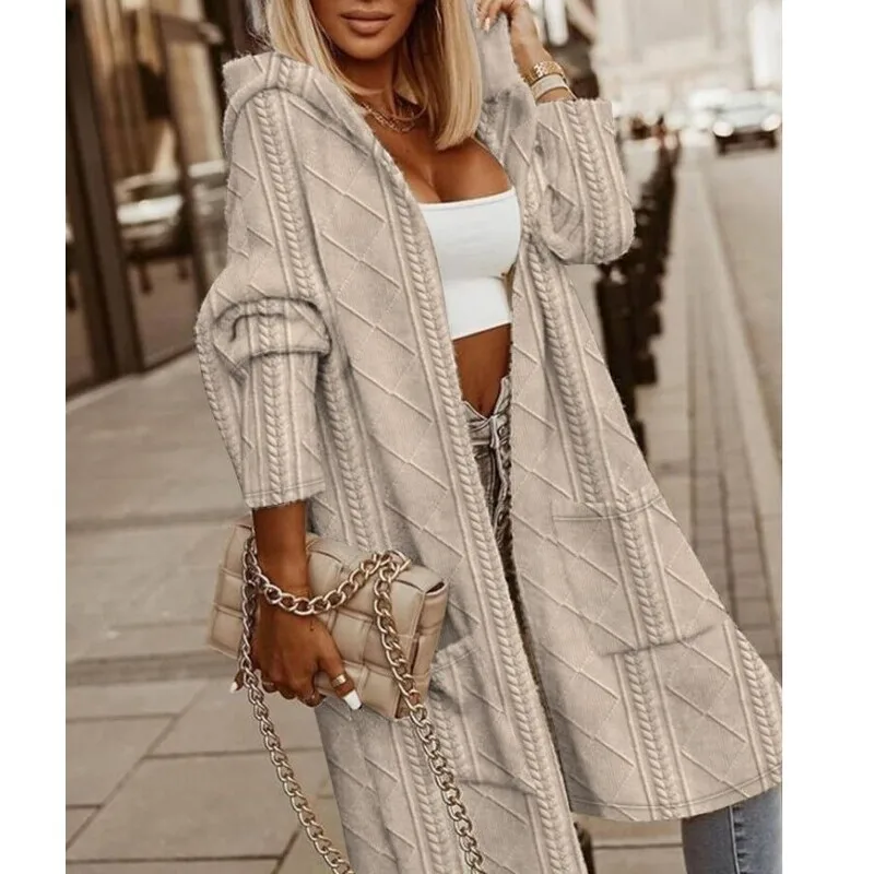 

New Windbreaker Autumn/Winter Women's Twisted Flower Texture Hooded Mid Length versatile stylish comfortable