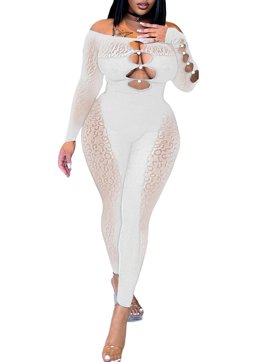 

Women Long Sleeve Offshoulder Jumpsuit Sexy Mesh Hollowed See-through Romper Leopard Sheer Skinny Playsuit