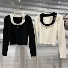 

2022 Spring Rhinestone Letter Pin Fake Two Short Knitted Sweaters Kawaii Women Clothes Fashion Tops Streetwear Casual Diamonds