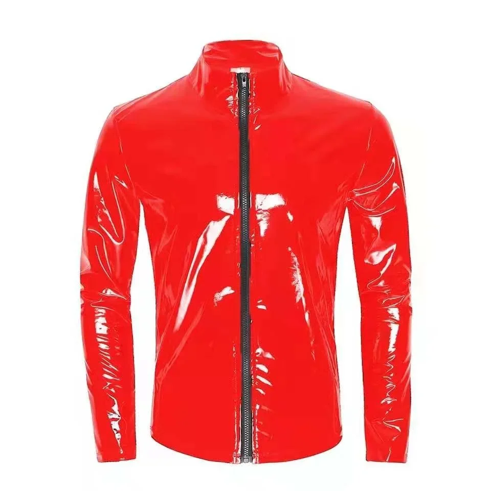 

Big 7XL Mens Shirt Wetlook Leather Long Sleeve Zipper T-Shirt Sexy Dance Party Clubwear Male Shiny Metallic Leather Jacket Tops