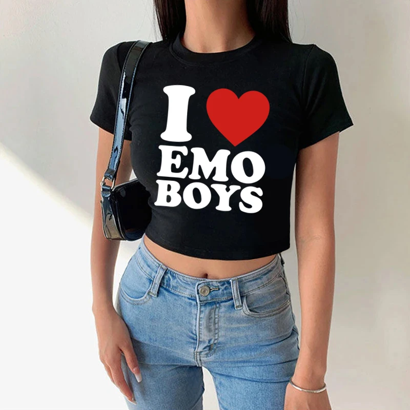 

I LOVE EMO BOYS Letter Print T Shirt Fashion Streetwear O-Neck Women's Crop Tops Harajuku Y2K Baby Tee Female Short Tshirt