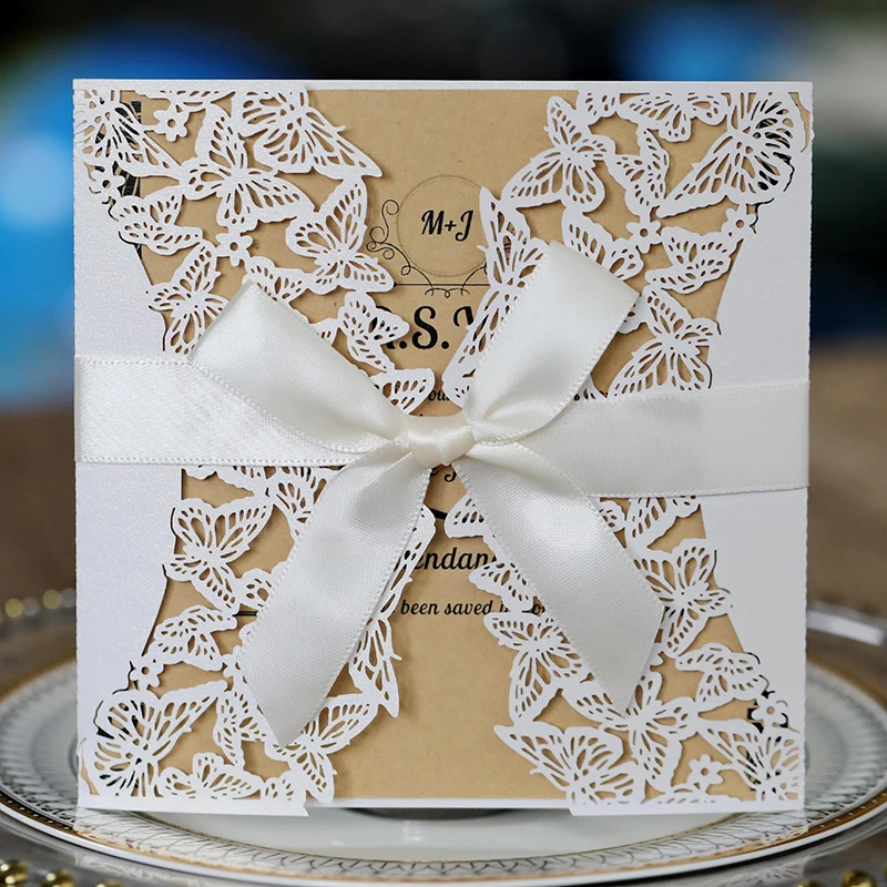 

25pcs Square Invitation Card Butterfly Pattern with Ribbon Tag Wedding Invitations Greeting Cards Gift Card Customization Party