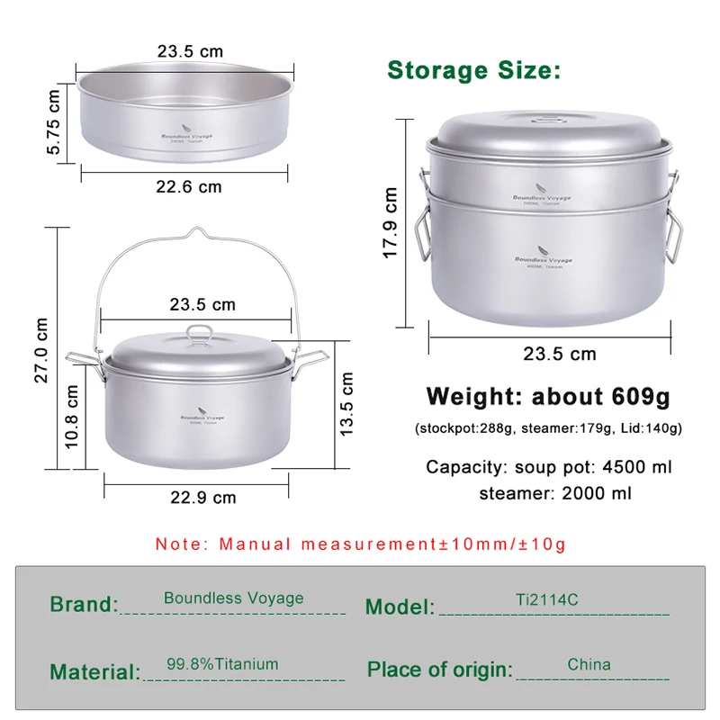 Boundless Voyage Titanium Steamer Soup Pot Set 3-5 Person Lightweight Outdoor Travel Camping Cookware Stockpot with Hanging Ring 5