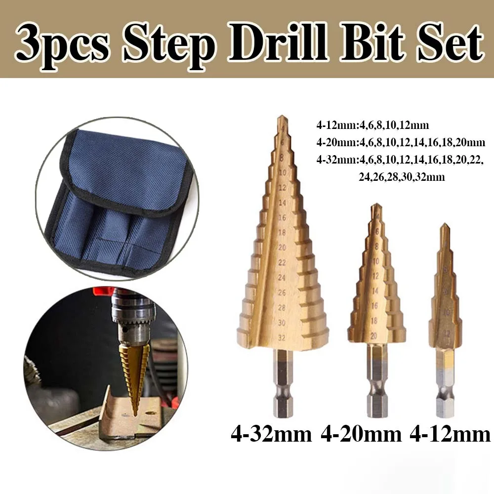 

3pcs Hex Core Step Drill Bit 4-12mm 4-20mm 4-32mm HSS Straight Groove Titanium Coated Wood Metal Hole Cutter Drilling Power Tool