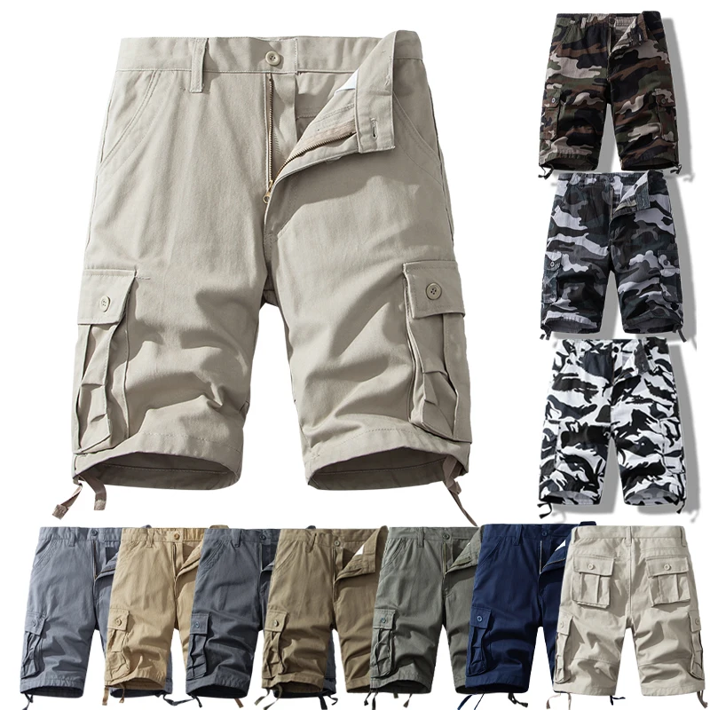 

Men's Summer Cargo Shorts Pure Cotton Half Pants with Pockets Large Size Regular Fit Homme Brown White Hiking Sport Knee Shorts