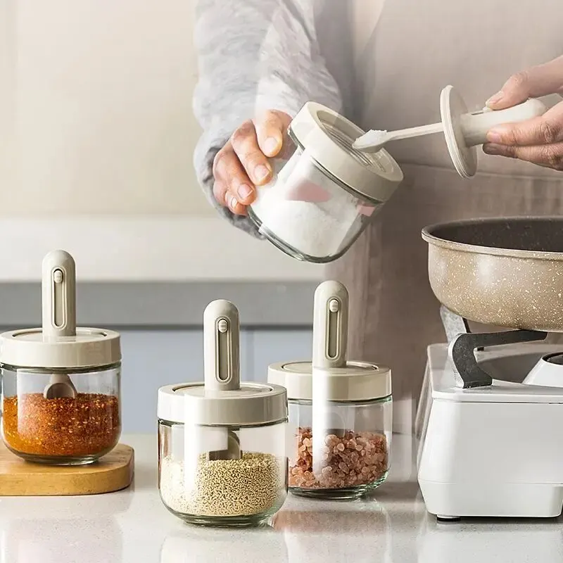 Seasoning Jar Glass With Telescopic Spoon Household Kitchen Salt Storage Leak Proof Moisture-proof